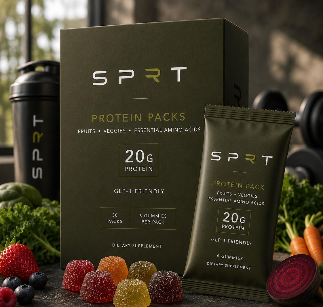 SPRT Protein Packs — the box, a single pack, and the gummies with fresh fruits and vegetables